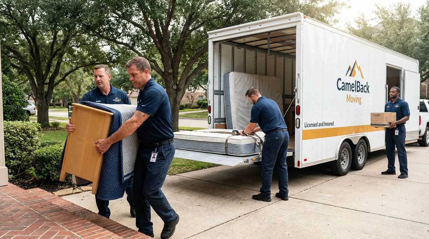 Crew loading residential truck for cross-state move from Little Rock Air Force Base, AR