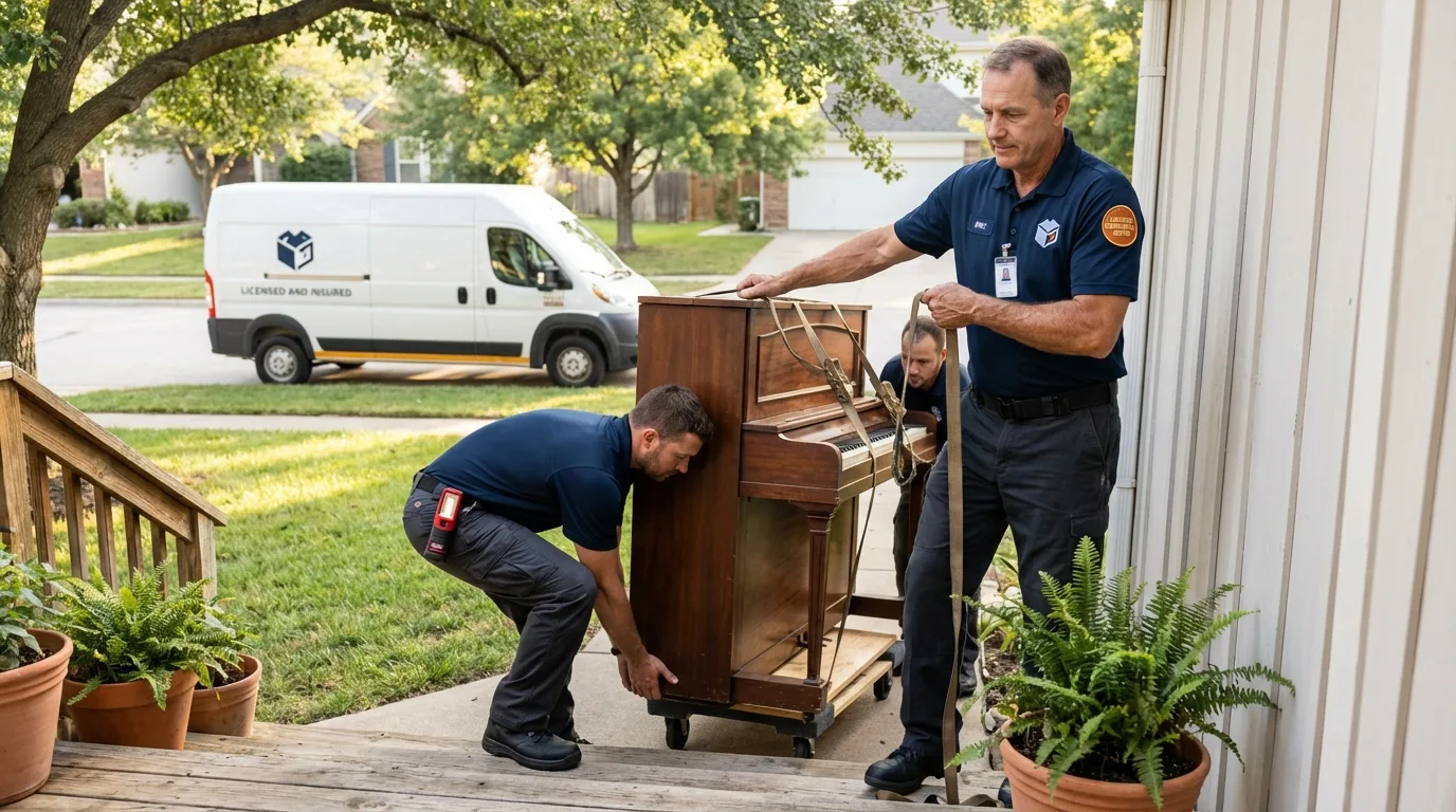 Licensed piano movers securing grand piano in Little Rock Air Force Base, AR