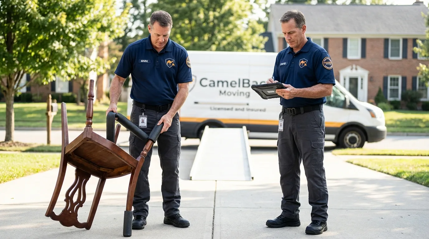 Movers inspecting furniture for damage prevention before loading in Little Rock Air Force Base, AR