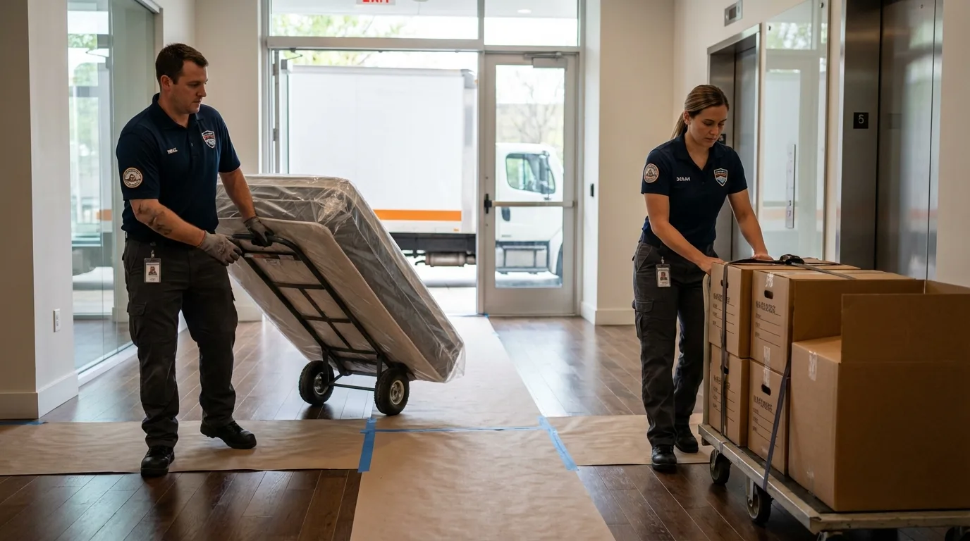Professional apartment movers loading elevator in Little Rock Air Force Base, AR