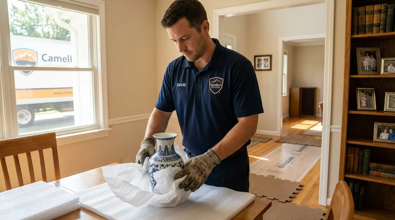 Professional crew carefully wrapping antique vase for senior downsizing move in Little Rock Air Force Base, AR