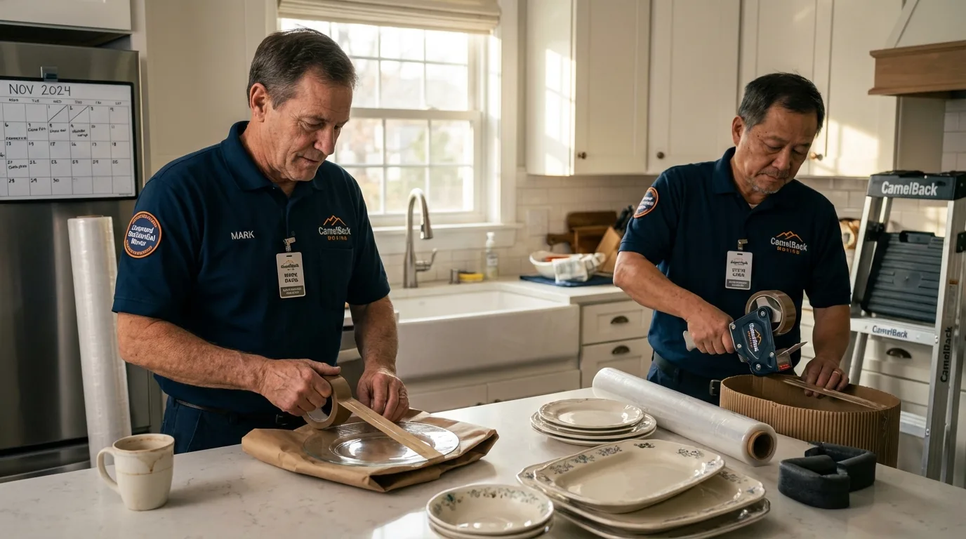 Professional crew packing kitchen dishware in Little Rock Air Force Base, AR